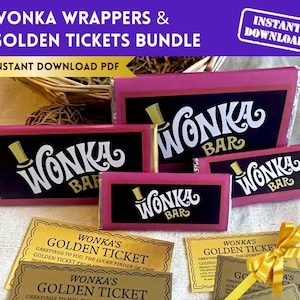 Könnte beinhalten: Ein Paket aus Wonka Bar-Verpackungen und Goldenen Tickets. Die Verpackungen sind rosa mit einem schwarzen Etikett und den Worten "Wonka Bar" in weißer Schrift. Die Goldenen Tickets sind goldfarben mit schwarzem Text. Das Bild enthält auch den Text "Sofort-Download".