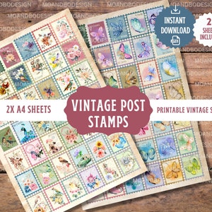 Puede incluir: Dos hojas de sellos postales vintage imprimibles con una variedad de diseños, incluyendo mariposas, pájaros, flores y otros motivos inspirados en la naturaleza. Los sellos están en un estilo de acuarela y tienen una estética vintage. El texto "Vintage Post Stamps" está impreso en negrita en una pancarta roja.