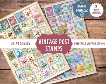 Druckbare VINTAGE POST STEMPEL Blätter, Junk Journal Ephemera, Blumen, Schmetterlinge, digitaler Download