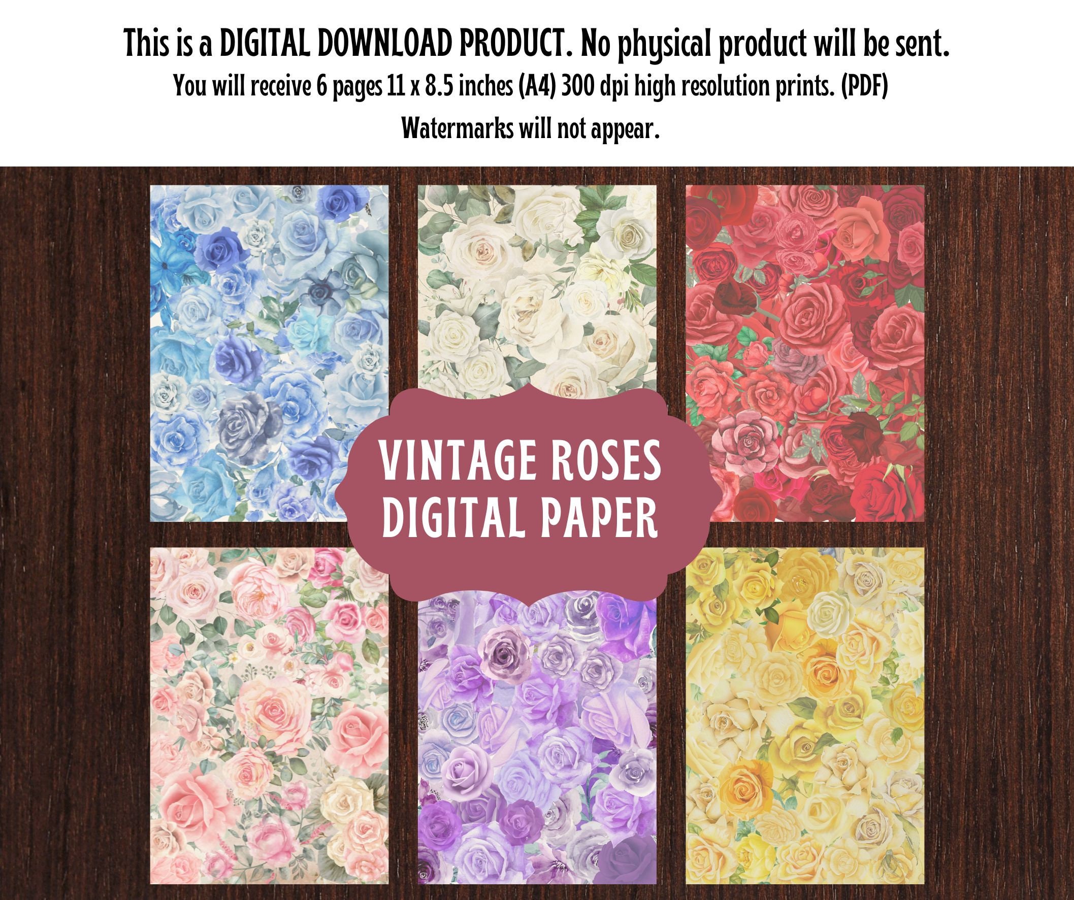 VINTAGE DIGITAL PAPER, Shabby Chic Digital Paper Pack, Roses Scrapbook ...