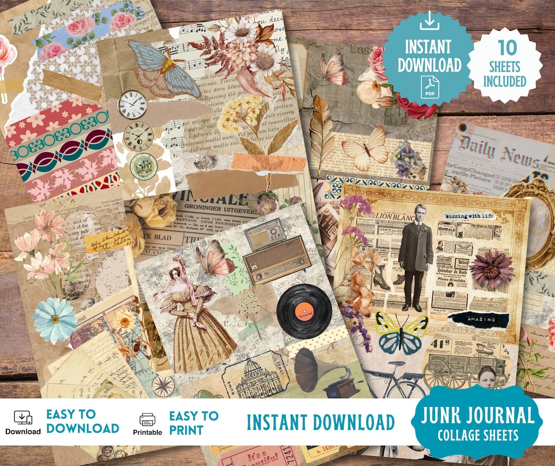 VINTAGE COLLAGE Sheets, Junk Journal Printable Collage Pages, Digital ...
