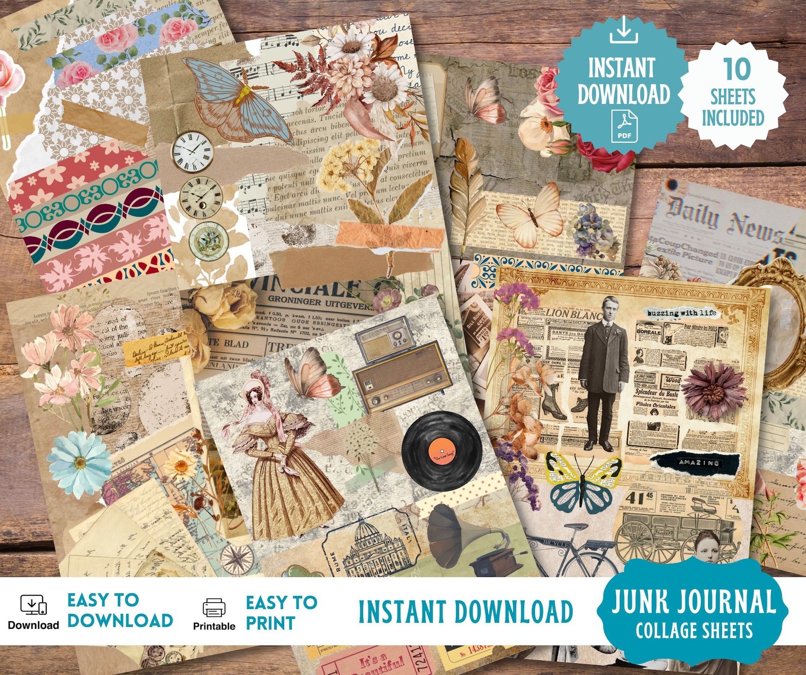 VINTAGE COLLAGE Sheets, Junk Journal Printable Collage Pages, Digital ...