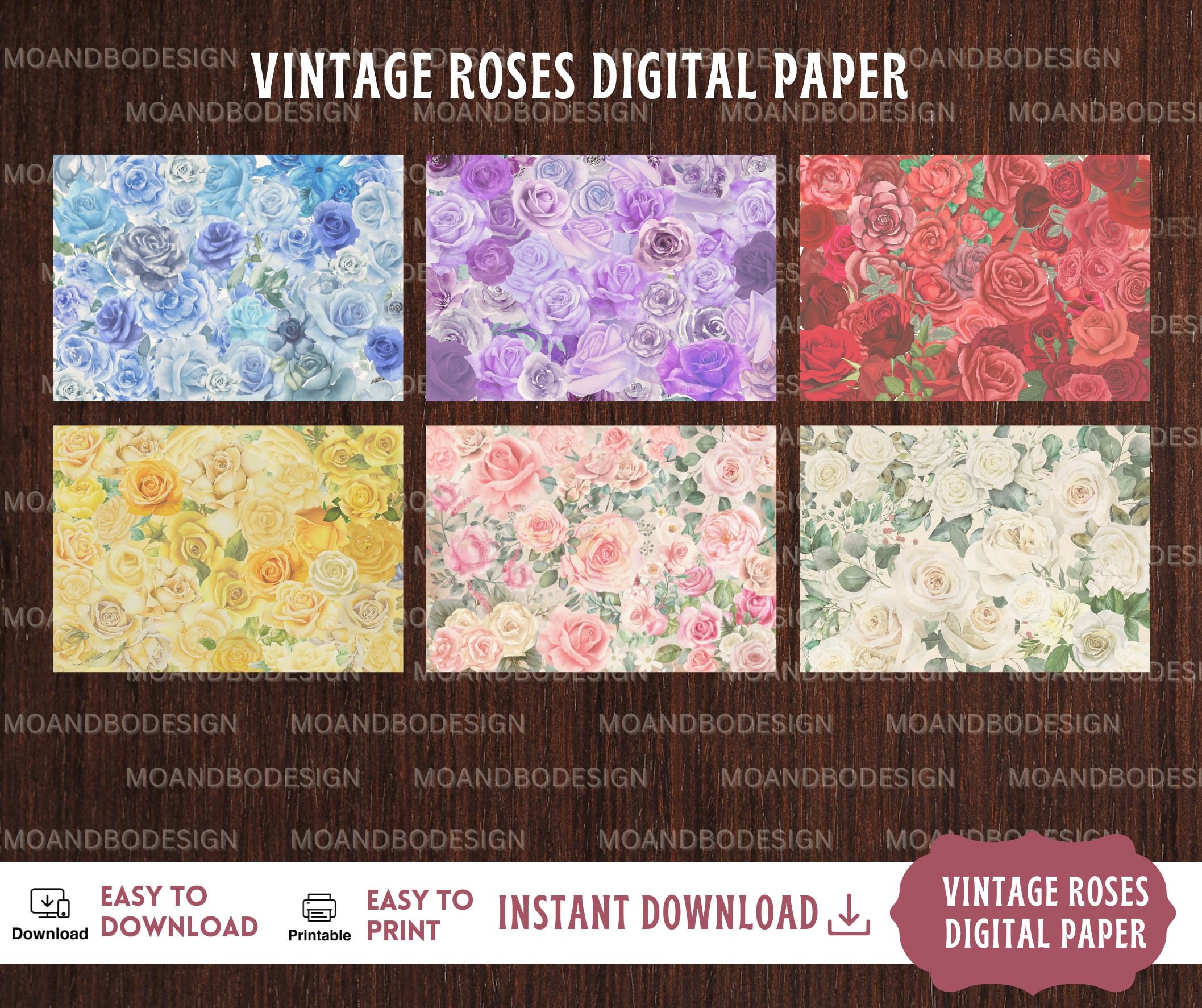 VINTAGE DIGITAL PAPER, Shabby Chic Digital Paper Pack, Roses Scrapbook ...