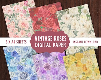 182 Vintage Digital Paper, Shabby Chic Digital Paper Pack, Roses ...