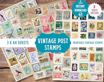 Printable VINTAGE POST STAMPS 3 Pieces A4 Sheets, Junk Journal Stamps, Digital Download