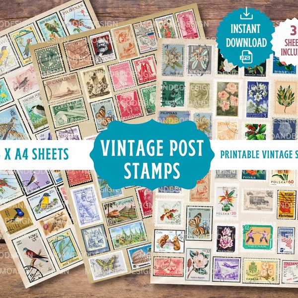 Printable VINTAGE POST STAMPS 3 Pieces A4 Sheets, Junk Journal Stamps, Digital Download