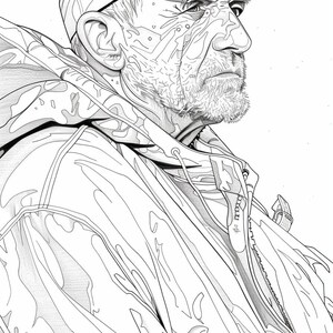 May include: A black and white line drawing of a man wearing a camouflage patterned jacket and a baseball cap. The man has a beard and wrinkles on his face.