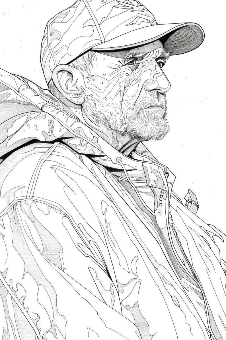 May include: A black and white line drawing of a man wearing a camouflage patterned jacket and a baseball cap. The man has a beard and wrinkles on his face.