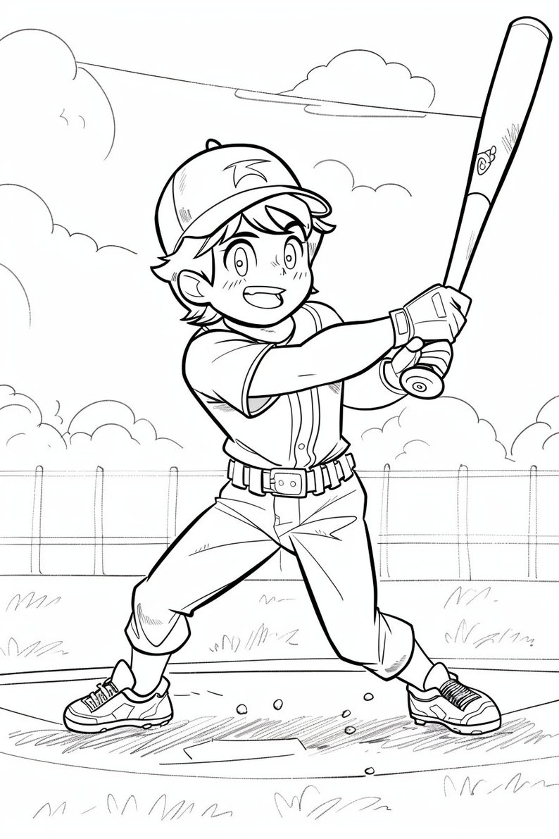 May include: A black and white line drawing of a baseball player swinging a bat. The player is wearing a baseball cap, a jersey, and pants. The player is in a batting stance with their left foot forward and their right foot back. The player is swinging the bat with their right hand. The player is in a field with a fence in the background.