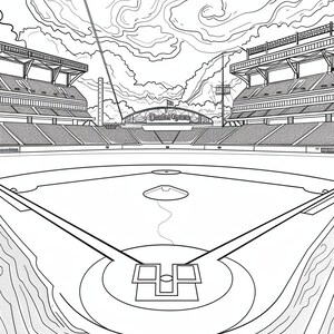 May include: A black and white line drawing of a baseball field with the stands and a scoreboard that reads "Detroit Tigers".