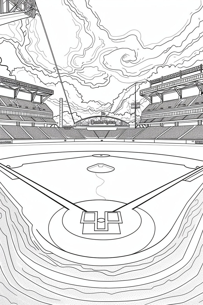 May include: A black and white line drawing of a baseball field with the stands and a scoreboard that reads "Detroit Tigers".
