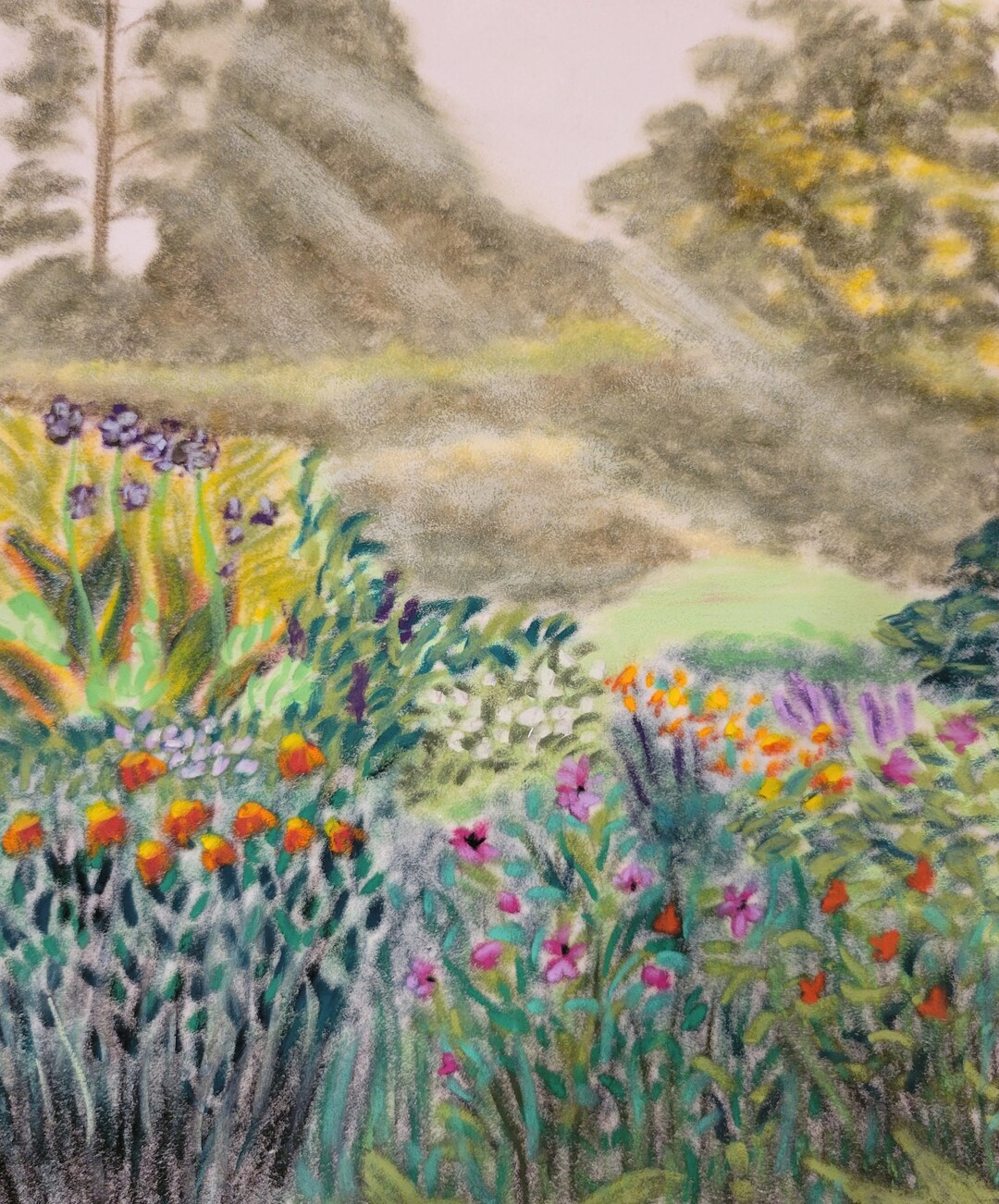 Original Oil Pastel on Velour Paper Sunrise Garden Etsy