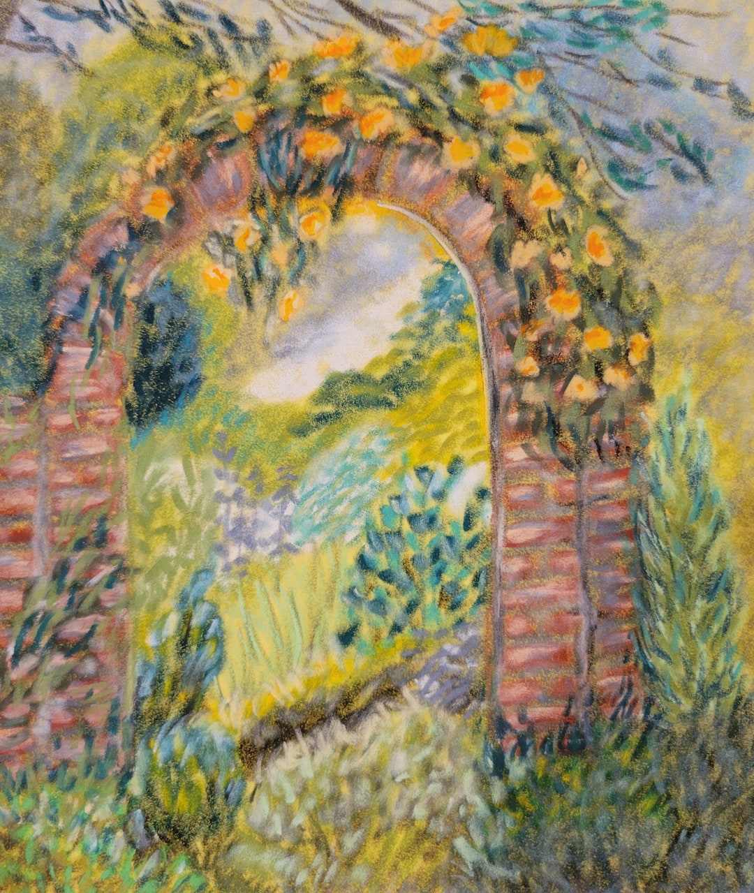 Original Oil Pastel on Velour Paper Rose Arch Garden Etsy