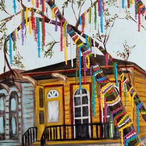 Mardi Gras Bead Trees and New Orleans Shotgun Houses Print