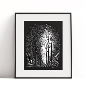 Swirling dark forest black and white digital art