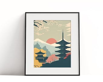 Japan Temples stylized colorful poster