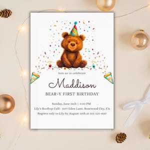 Sjabloon bewerkbare beer verjaardagsuitnodiging – digitale canva uitnodiging, afdrukbare feestkaart voor 1e feestvarken - ELKE LEEFTIJD Beer verjaardagsuitnodiging