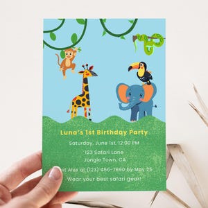 Modèle d'invitation pour 1er anniversaire de la jungle - Invitation à une fête d'enfants avec animaux de safari - Téléchargement modifiable sur toile - Shower de bébé Wild One - Invitation numérique