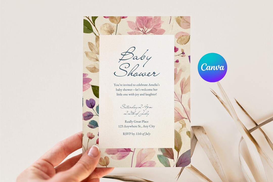 Floral Baby Shower Invitation – Editable Canva Template – Elegant Boho ...