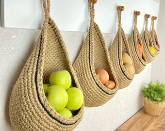 Jute Basket With Black Stripe, Jute Hanging Wall Baskets, Storage Set, Vegetable Baskets, Rustic Baskets, Kitchen Organizer