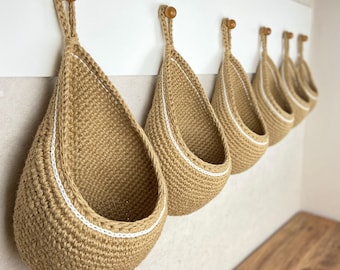 Jute Basket With White Stripe, Jute Hanging Wall Baskets, Storage Basket, Vegetable Baskets, Rustic Baskets, Kitchen Organizer