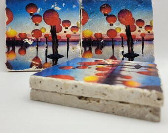 Stone coasters, set of 4, lantern coasters, colorful coasters, unique coasters,