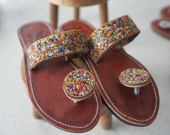 Handmade leather beaded women's sandals, women's summer sandals, African beaded sandals, Masai Sandals, Womens leather slider shoes