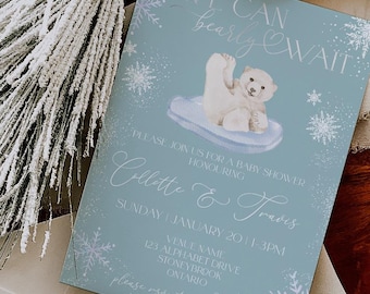 Polar Bear Winter Wonderland Baby Shower Invitation | Gender Neutral | We Can Bearly Wait Winter Invite | Editable Printable Download