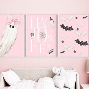 Pink Halloween Print Set of 3 Girl | Room Halloween Decor | Ghost Bow Coquette | Kids Halloween Party Decor | Girly Pink Halloween