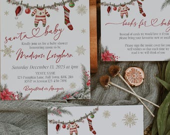 May include: Baby shower invitation set with a Christmas theme. The invitation features the text "santa baby" and "Madison Longhorn". The set includes cards for books and a diaper raffle, decorated with snowflakes and festive ornaments.