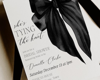 She's Tying the Knot Bridal Shower Invitation Template | EDITABLE Black Bow Ribbon Bridal Shower Invite | Minimalist Coquette Bridal Shower