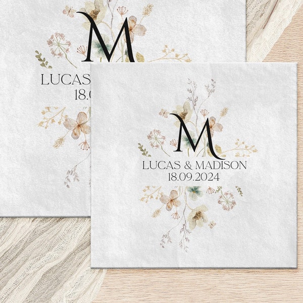 Personalized Wildflower Engagement Party Napkins | Custom Floral Wedding Napkin with Monogram | Rehearsal Dinner Table Napkins | 100 Paper