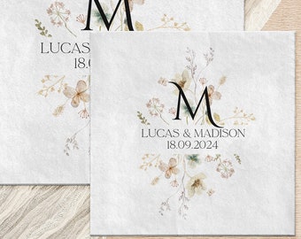 Serviettes de table personnalisées Fleurs sauvages pour fête de fiançailles | Serviette de table de mariage florale personnalisée avec monogramme | Serviettes de table pour répétition | 100 papiers