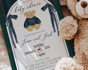 Polo Teddy Baby Shower Editable Invitation | Gender Neutral Classic Vintage Plaid | Tartan Equestrian | Digital Shower Template