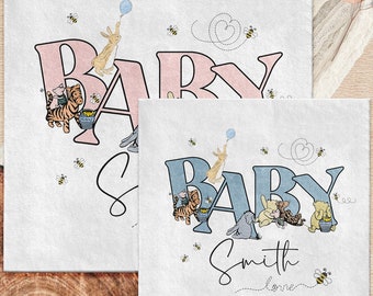 Classic Winnie-the-Pooh Baby Shower Table Decor | Winnie Pooh Personalized Baby Name Napkins | Custom Baby Shower Napkins | White Paper 100