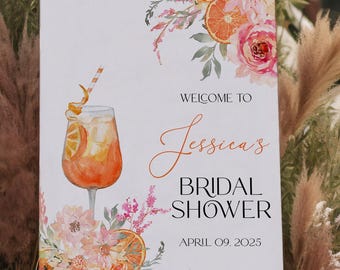 Bright Floral Luncheon Bridal Shower Sign Template | Editable Aperol Spritz Bridal Shower Decor | Orange Pink Citrus Floral Sign 18x24 20x30