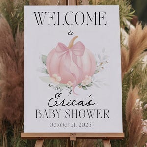 Pumpkin with Pink Bow Welcome Sign | Fall Baby Shower Welcome Board Template | Pink Pumpkin Baby Shower Decor | Digital Download