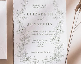 Ensemble de faire-part de mariage vert sauge | Invitation imprimable | Mariage botanique | Modèle d'invitation florale vintage
