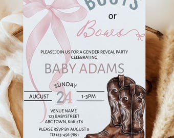 Editable Western Boots or Bows Gender Reveal Invitation Template | Boots or Bows, Blue or Pink Digital Boy or Girl Announcement Party