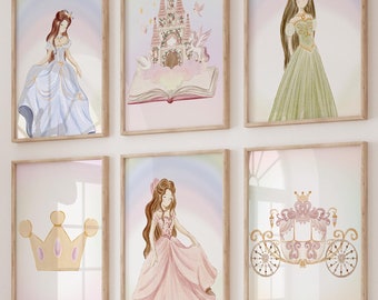 Watercolor Princess Wall Art set of 6 | Princess Nursery Prints | Girls Room Princess Decor | Princess Castle Art Print | Fairy Tale Prints
