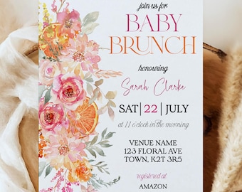 Citrus Baby Brunch Invitation | Pink Orange Floral Citrus Baby Shower Invite Template | Bright Floral Luncheon Invite | Editable template
