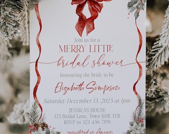 Merry Little Christmas Bridal Shower Invite | Red Bow Holiday Shower Invitation | Winter Couples Shower Invite Template Bride to Be