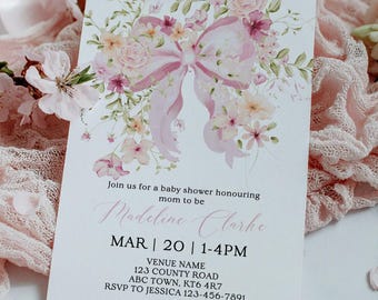 Pink Bow Baby Shower Invite, Floral Girl Digital Template, Editable Invitation for a Sweet Baby Girl, Pastel Flowers, Coquette Shower