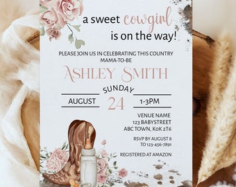 May include: A pink and brown baby shower invitation with a floral design and the text "a sweet cowgirl is on the way!"  Ashley Smith, Sunday, August 24, 1-3PM, Venue Name, 123 Babystreet, ABC Town, KOK 276, RSVP by August 8, 10-123-456-7891, Registered at Amazon.