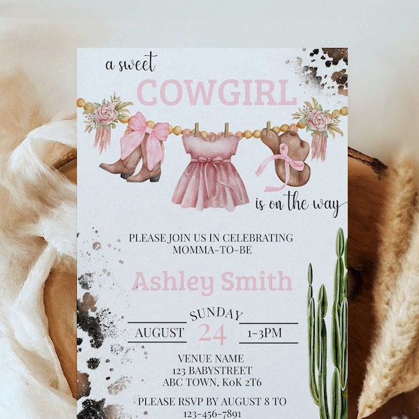 COWGIRL-Babyparty-EINLADUNGSVORLAGE | Ein süßes Cowgirl ist unterwegs | Rosa Western-Einladung zum Herunterladen | Cowgirl-Thema-Babyparty