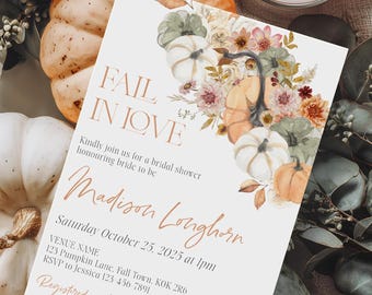 Fall in Love-uitnodiging vrijgezellenfeest | Bewerkbare boho bloemenpompoenuitnodiging | Downloadsjabloon bruiloft bruiloft herfst | Rustiek BRS-08