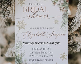 May include: A bridal shower invitation with a winter theme. The invitation features the text "Join us for a Bridal Shower" and details for the event, including the bride's name, date, time, and location. The design includes snowflakes and floral accents.