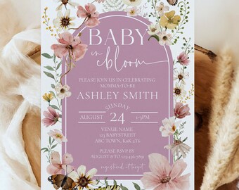 Invitación Boho Wildflower Baby Shower Púrpura / Bebé en flor Impresión en casa Invitación a brunch para bebés / Plantillas elegantes de invitación para baby shower