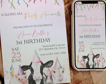 Modèle d'invitation d'anniversaire pour fille de ferme Calling All Party Animals, animaux de la fête du 1er anniversaire de la ferme colorée pour fille invitent vache canard