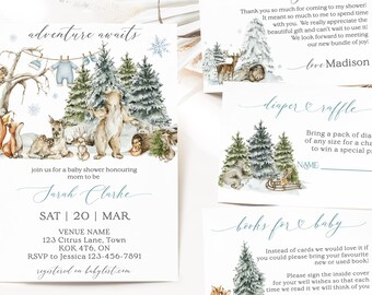 May include: A set of baby shower invitations and cards with a woodland theme. The invitation features forest animals and text that reads "adventure awaits." Additional cards include "thank you," "diaper & raffle," and "books for baby."
